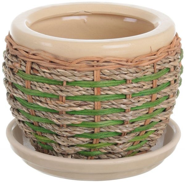Горщик Viet Thanh Ceramic з блюдцем плетений 16х13 см VT.11342-3 круглий бежевий із зеленим 