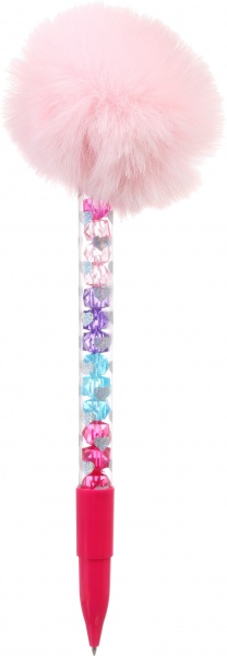 Ручка кулькова Пухнастий помпон з кристалами рожева 