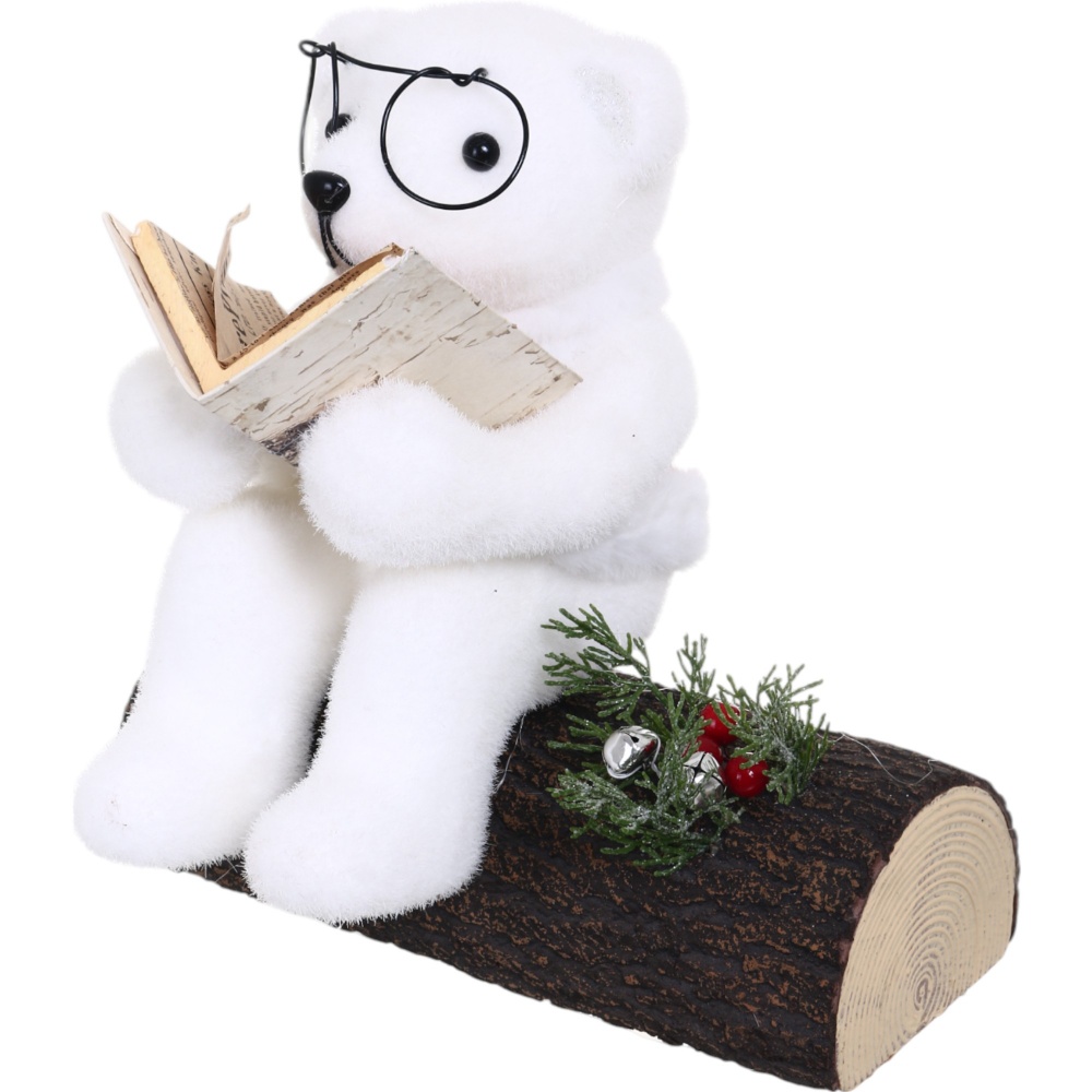 Декорация новогодняя мишка читает на пеньке белый 24х20 см.