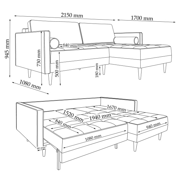 Диван угловой VECTOR Kито UD правый синий 2150x1700x945 мм