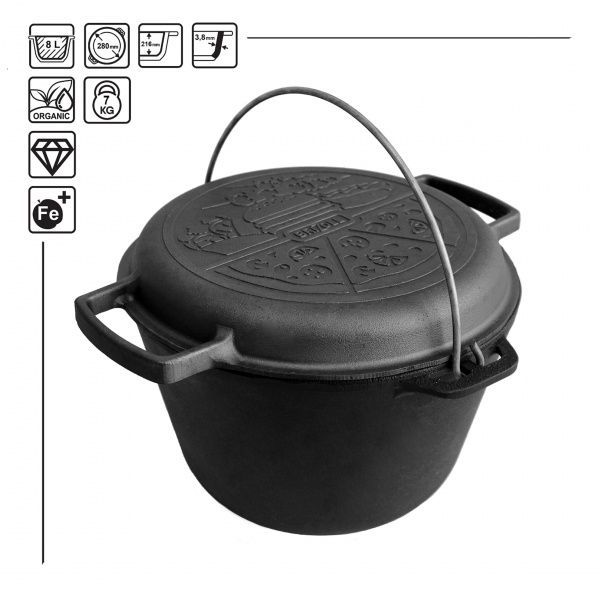 Казан похідний Brizoll ø280 мм 216 мм 8 л чавунний з чавунною кришкою-сковородою Туризм