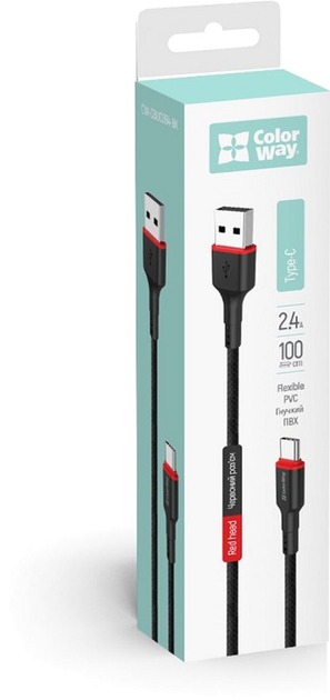 Кабель ColorWay USB - Type-C (PVC - red head) 2.4А 1 м чорний (CW-CBUC064-BK)