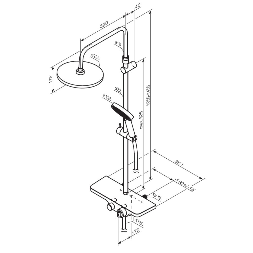 Душевая система Damixa 947760300 Apollo, с ванно-душевым термостатическим смесителем-полкой
