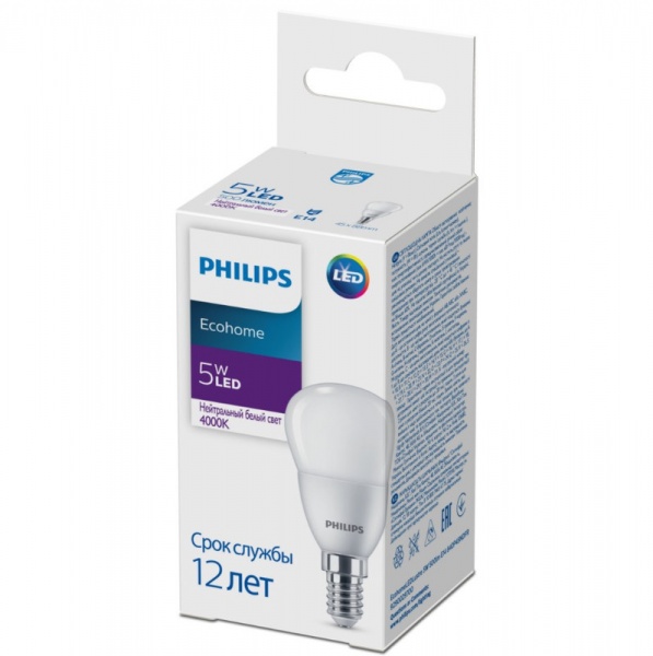 Лампа светодиодная Philips EcoHome 5 Вт P45 матовая E14 220 В 4000 К 929002970037 