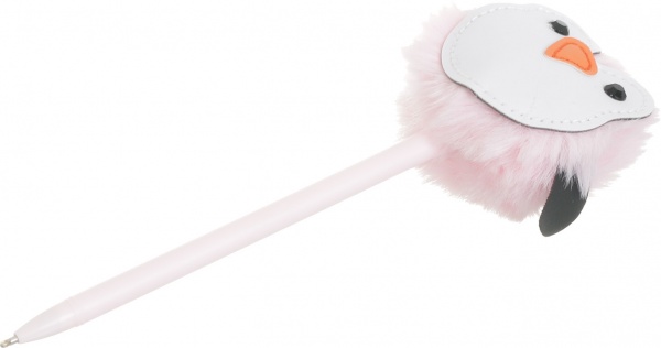 Ручка кулькова Пінгвін з штучним хутром рожевий 