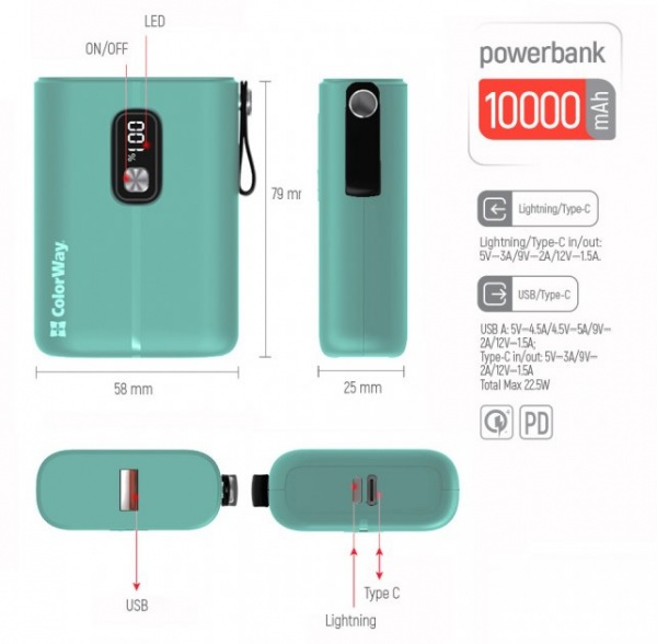 Внешний аккумулятор (Powerbank) ColorWay Full power Ligthning + USB QC3.0 + USB-C PD 22.5W 10000 mAh green (CW-PB100LPK2GR-PDD) 