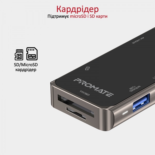 USB-хаб Promate USB-C хаб 7-в-1 PrimeHub-Lite HDMI/USB-C/USB 3.0/2xUSB 2.0/SD/MicroSD Grey