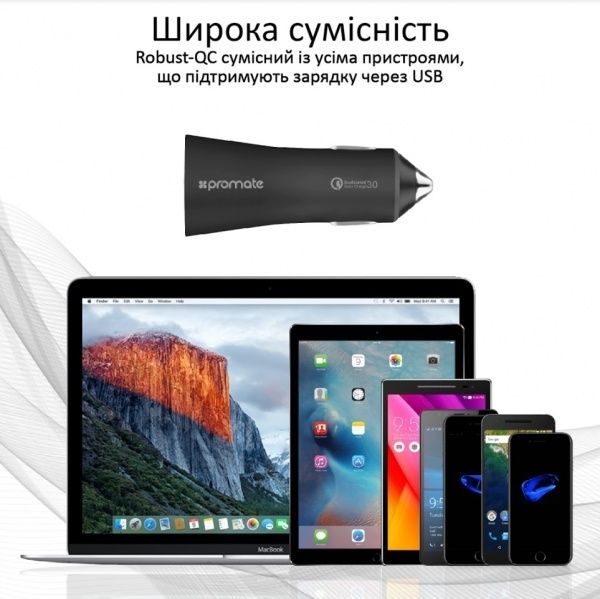 Автомобильное зарядное устройство Promate Robust-QC3 30Вт USB QC3.0 + USB 2.4A Black