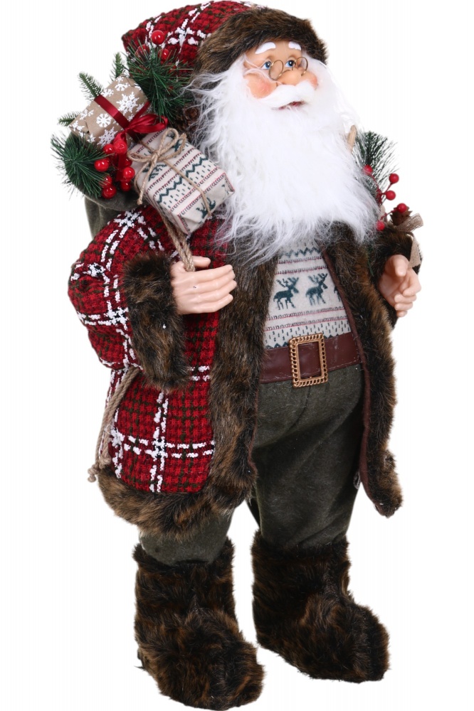 Декорация новогодняя Санта лесной красно-зеленой клетки 80 см
