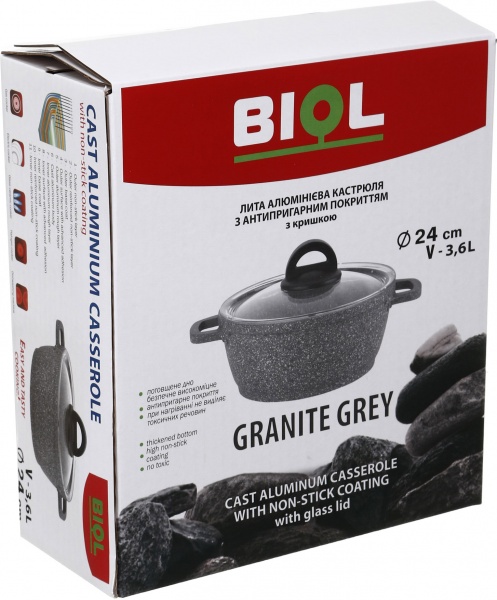 Кастрюля 24 см 3,6 л с антипригарным покрытием Гранит Грей К406РС Biol