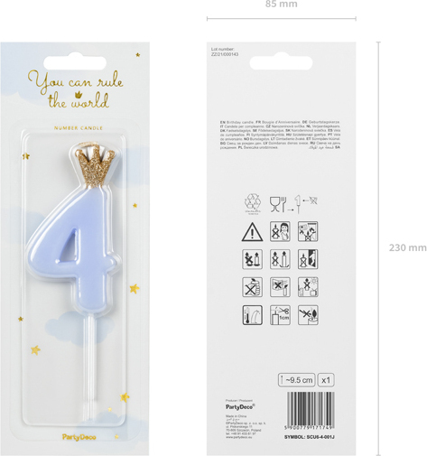 Свеча для торта Partydeco цифра 4 пастель голубая 9,5 см (SCU6-4-001J)