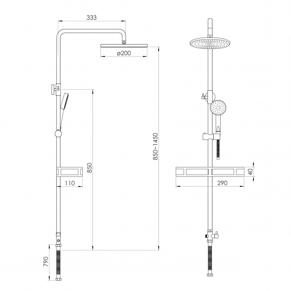 Душова система LUX (без змішувача, душ d200 мм ABS, лійка 90 мм 1 режим, шланг 1500 мм SS), хром