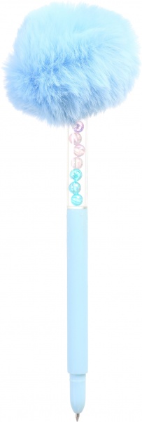 Ручка шариковая Пушистый помпон с жемчужинами голубая 