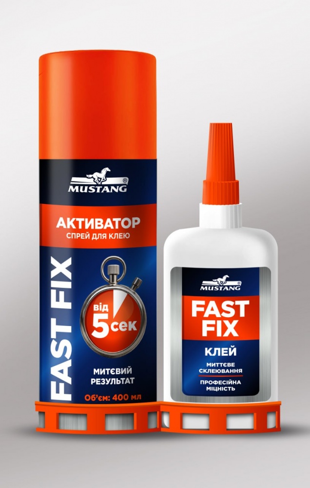 Клей двухкомпонентный Mustang + спрей-активатор FAST FIX 400 мл + 100 г