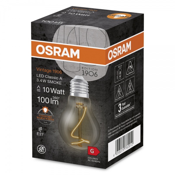Лампа светодиодная Osram Vintage FIL CLA 818 SM 3,4 Вт прозрачная E27 220 В 1800 К 