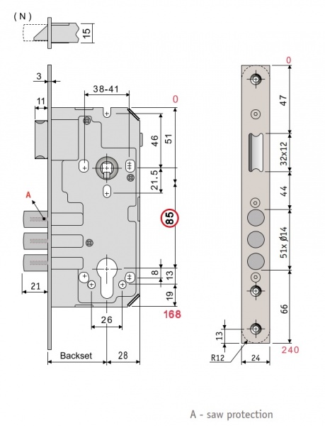 Дверний замок вхідний SANTOS 1-WAY DIN 985 SS UNIV BS50 мм 85 мм нержавіюча сталь