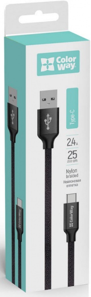 Кабель ColorWay USB - Type -C 2.4 А 0,25 м черный (CW-CBUC048-BK) 