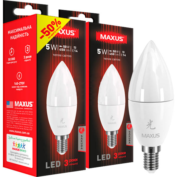 Лампа светодиодная Maxus Sakura 2-LED-631 2шт./уп. 5 Вт C37 E14 3000 K