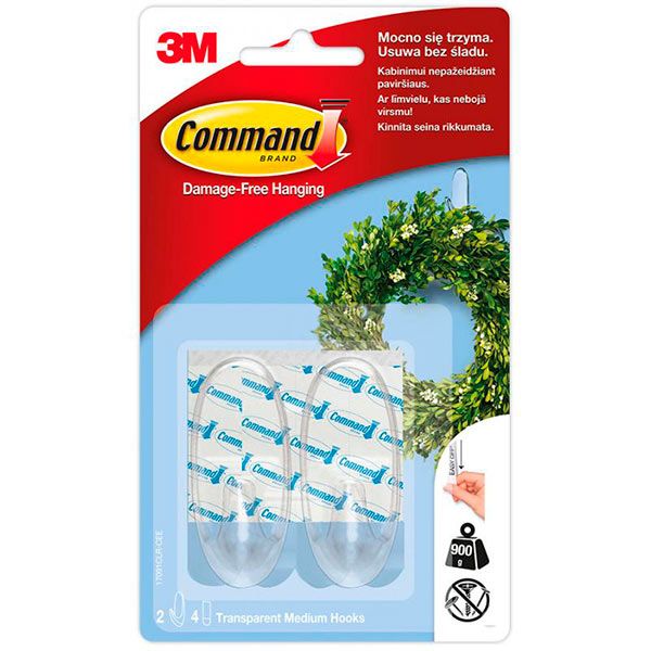 Дизайн крючок прозрачный 3M Command 17091CLR малый 0,9 кг 2 крючка 4 прозрачных полоски