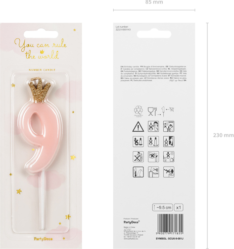 Свеча для торта Partydeco цифра 9 пастель розовая 9,5 см (SCU6-9-081J)