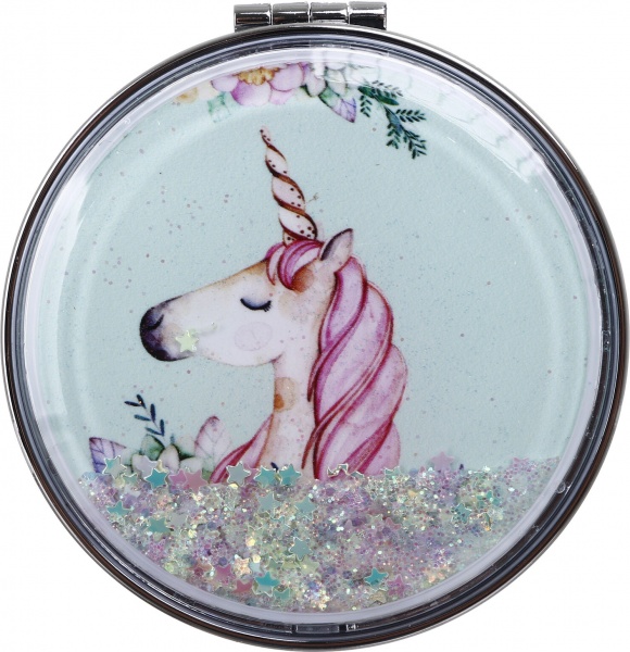 Зеркало карманное косметическое Лідер Канц Единорог с сыпучими блестками круглое 12 вариантов в ассортименте 