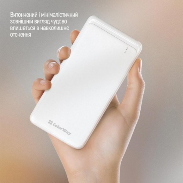 Внешний аккумулятор (Powerbank) ColorWay Slim USB QC3.0 + USB-C PD 18W 10000 mAh white (CW-PB100LPG3WT-PD) 