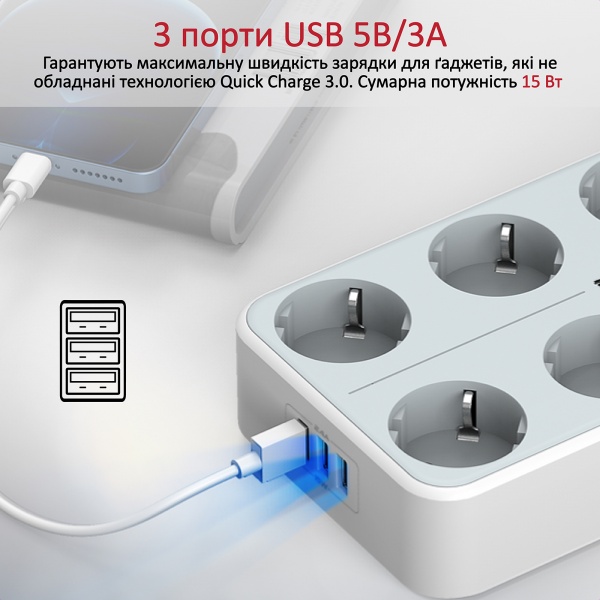 Сетевой фильтр Promate 11-в-1 PowerCord8EU-4M 8 розеток и 3 USB порта с заземлением 8 гн. white 4 м powercord8eu-4m.white 