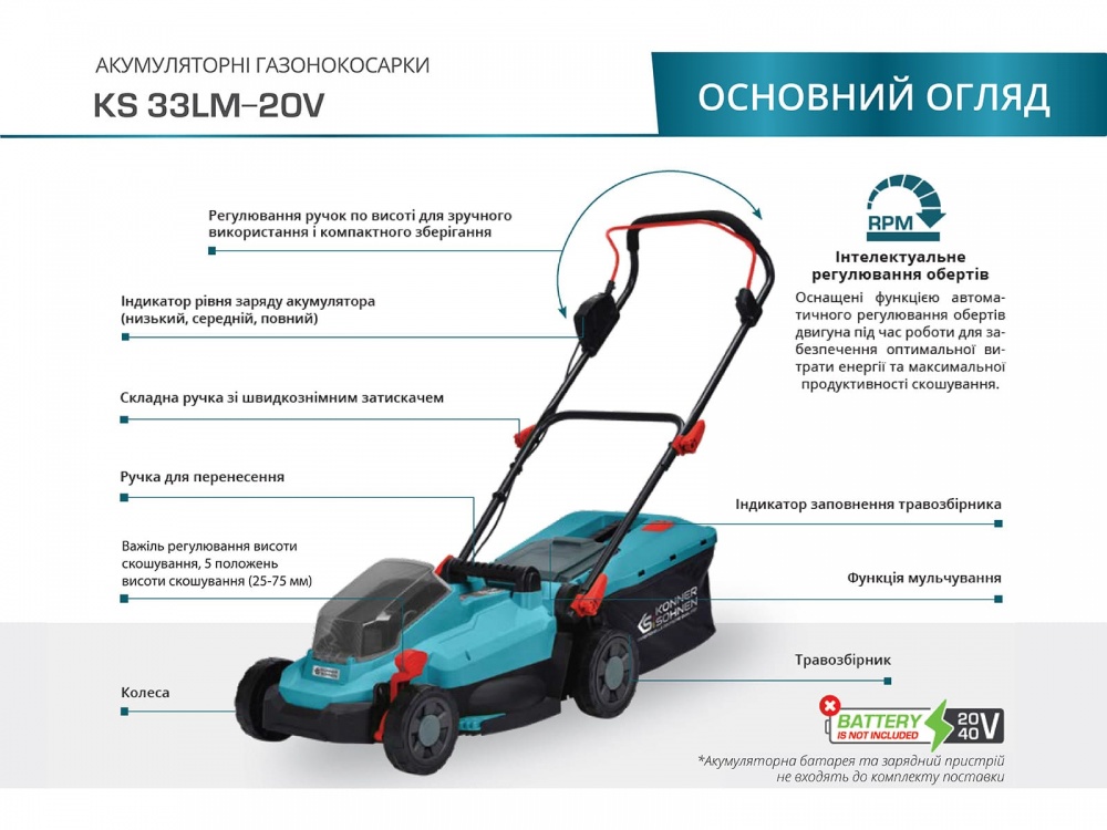 Газонокосарка акумуляторна Konner&Sohnen KS 33LM-20V