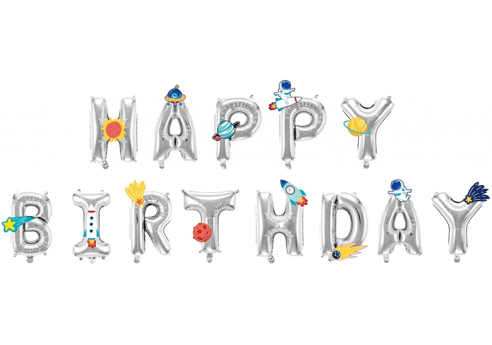 Набір кульок Maxi HAPPY BIRTHDAY з паперовими декораціями Space срібний 13 шт.