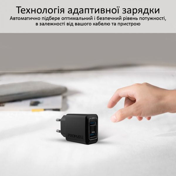 Зарядное устройство Promate BiPlug 12Вт 2 USB Black 