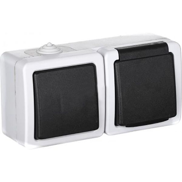 Розетка + вимикач вологозахищена із заземленням Титан зі шторками з кришкою білий із чорним 88624