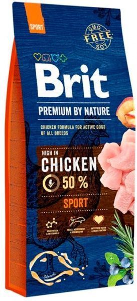 Корм Brit Premium Спорт для взрослых собак с высокими затратами энергии с курицей, 15 кг,