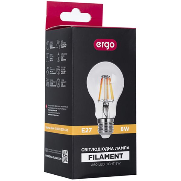 Лампа світлодіодна Ergo FIL A60 8 Вт E27 3000 К 175 В прозора 