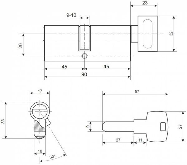 Цилиндр Apecs EM-90-C-NI (CIS) 45x45 ключ-вороток 90 мм хром