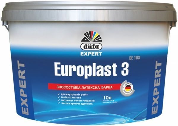 Краска латексная водоэмульсионная Dufa Europlast 3 DE 103 глубокий мат белый 10л 