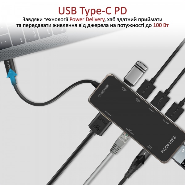 USB-хаб Promate PrimeHub-Go 9-в-1 USB-C PD/HDMI/2xUSB 3.0/2xUSB 2.0/RJ45/SD/MicroSD