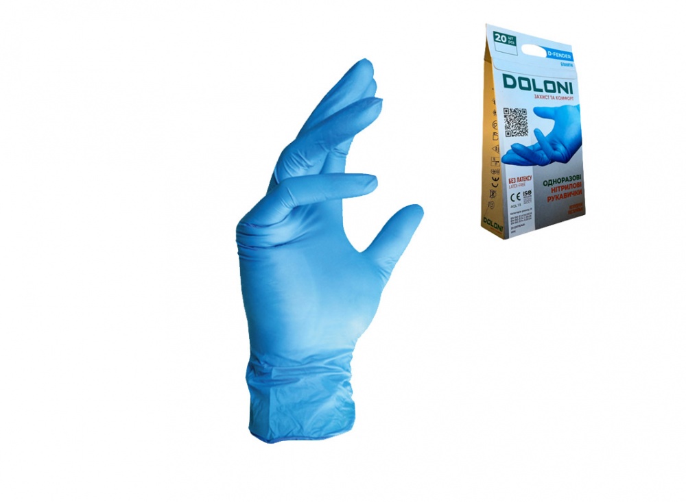 Перчатки медицинские Doloni нитриловые D-FENDER 3812 неопудренные голубые р.XL 20 шт./уп.