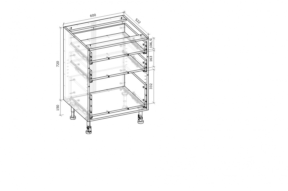 Тумба нижняя Грейд с 3-мя ящиками частичного открытия Q-25 Оптимум 600x870x522 мм фунго