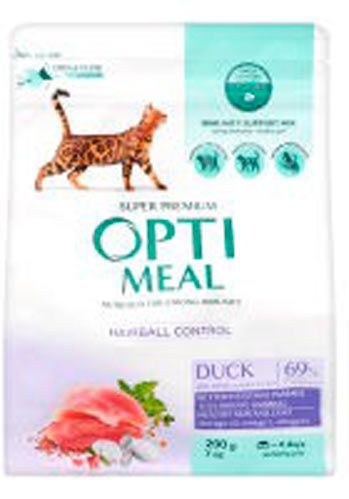 Корм Optimeal для взрослых кошек с эффектом выведения шерстис уткой