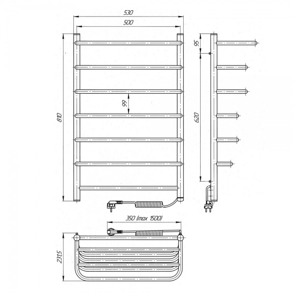 Полотенцесушитель электрический Laris Стандарт ЧК(Ч) 7 500х800 с полкой Э П