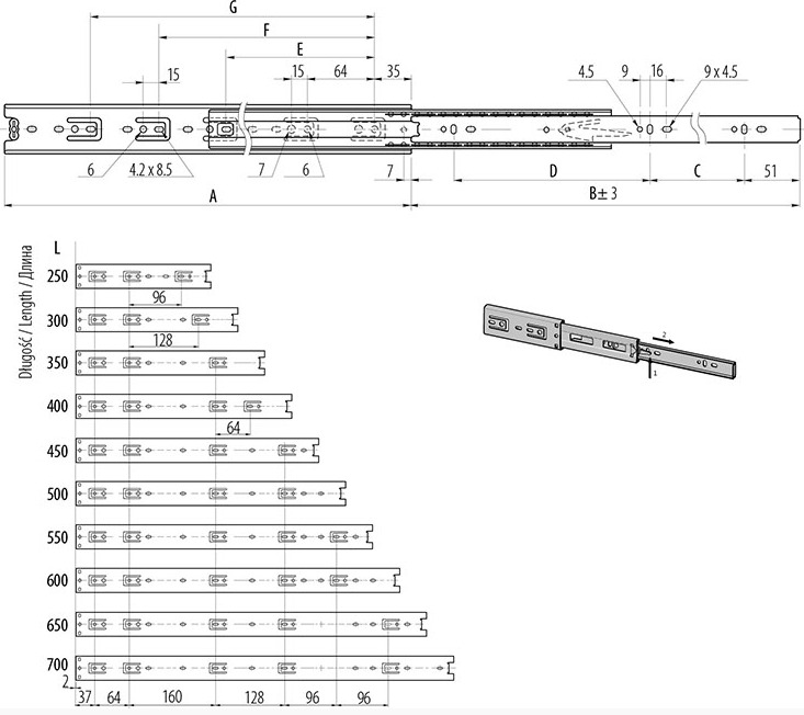 Напрямна кулькова GTV 500 мм повного висування PK-0H45500GX1