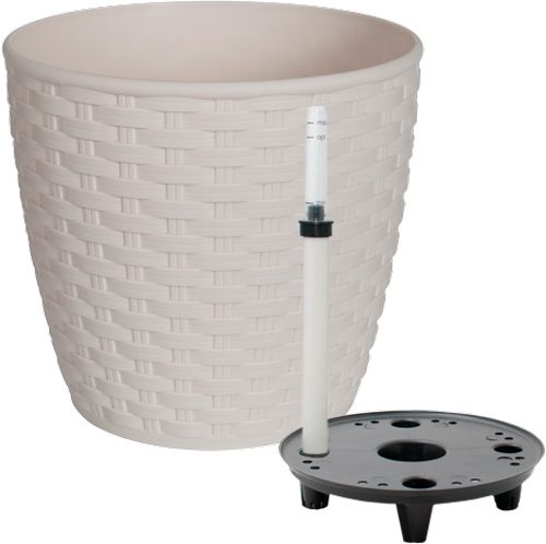 Вазон пластиковий Алеана Ротанг з поливом 16x15 см круглий 3,1л біла роза 