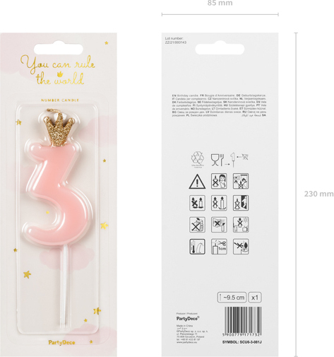 Свеча для торта Partydeco цифра 3 пастель розовая 9,5 см (SCU6-3-081J)