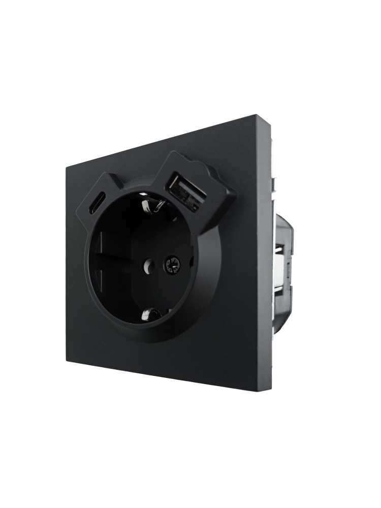 Механізм розетки побутова + USB + Type C із заземленням HausMark Juna IP20 чорний матовий 7041-1788U2-181TC