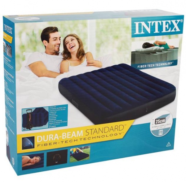 Комплект Матрас надувной Intex Велюр с подушками и насосом 152х203см Синий (64765)