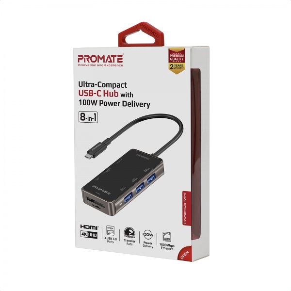 USB-хаб Promate PrimeHub-Mini USB-C PD/HDMI/3xUSB 3.0/RJ45/SD/MicroSD Grey
