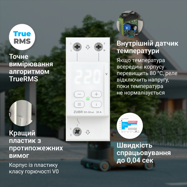 Реле напруги ZUBR D2-32 з максимумом функцій (32 А, 7 000 ВА ) ZUBR D2-32