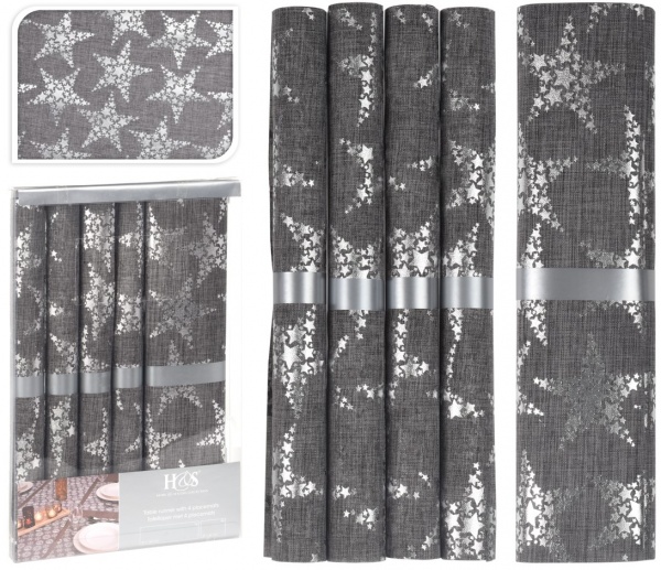 Набір KM скатертина 35х180 см серветка 35х45 см - 4шт Stars grey поліестер сірий KM 