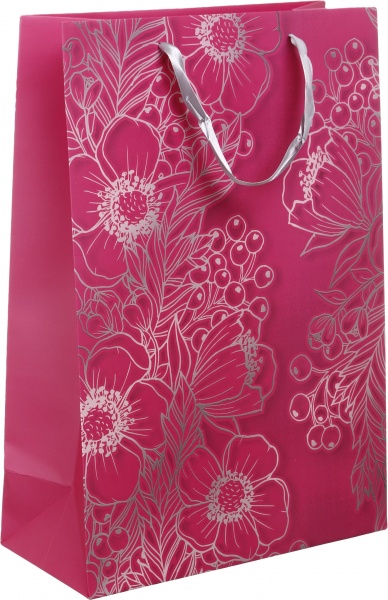 Пакет подарунковий SuperL пл D-1143 рожевий срібні квіти з лаком глітер