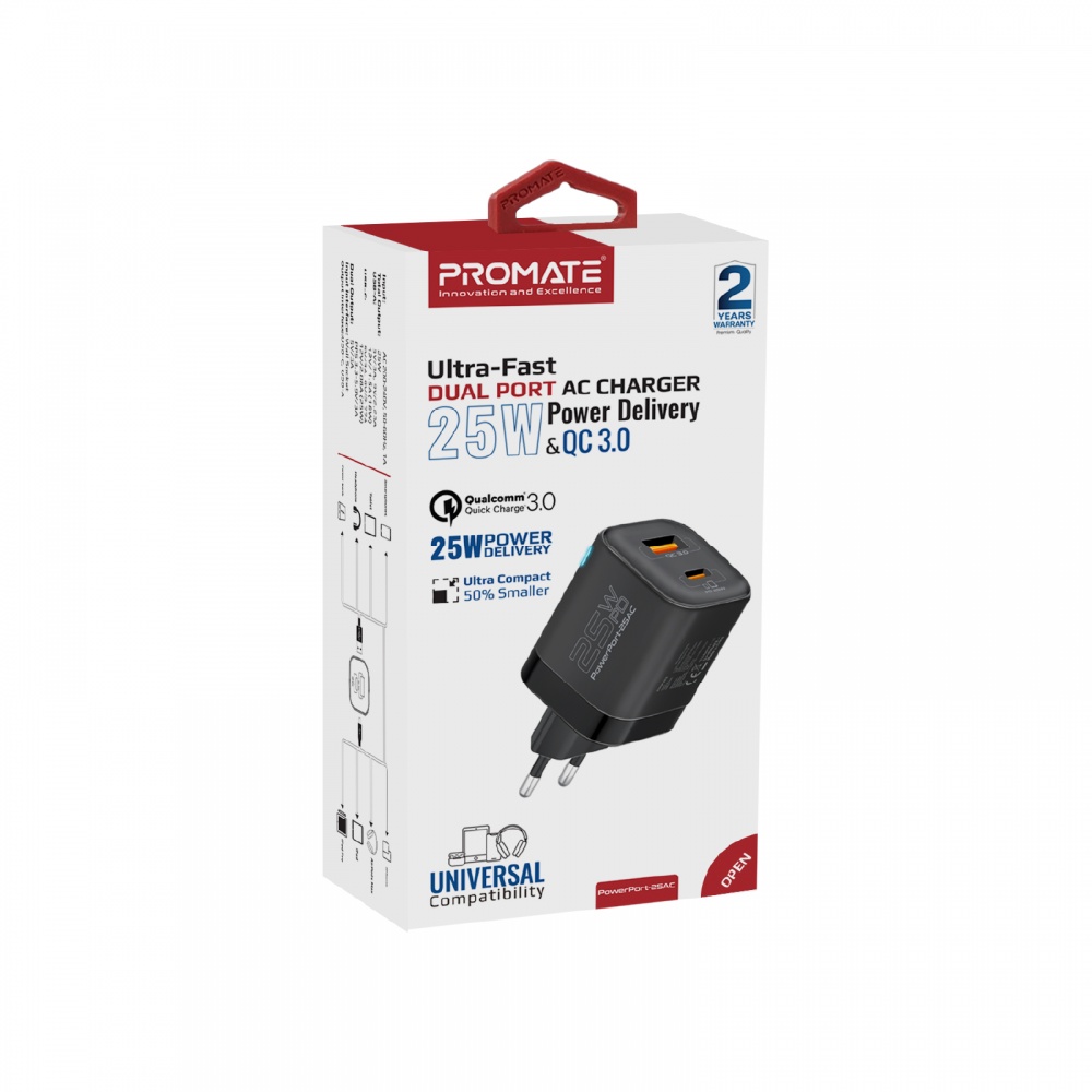 Сетевое зарядное устройство Promate PowerPort-25AC USB-C, USB-A Black (powerport-25ac.black)